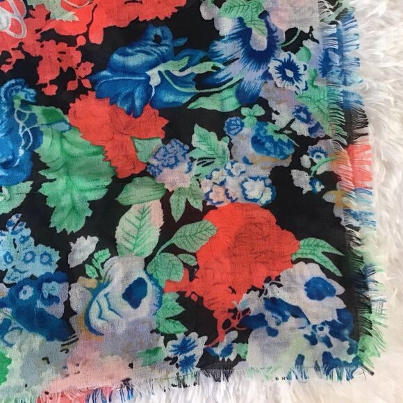 Floral Large Rectangle Scarf Lightweight Raw Edge Fringe 74” X 28” Head Wrap - Picture 2 of 4